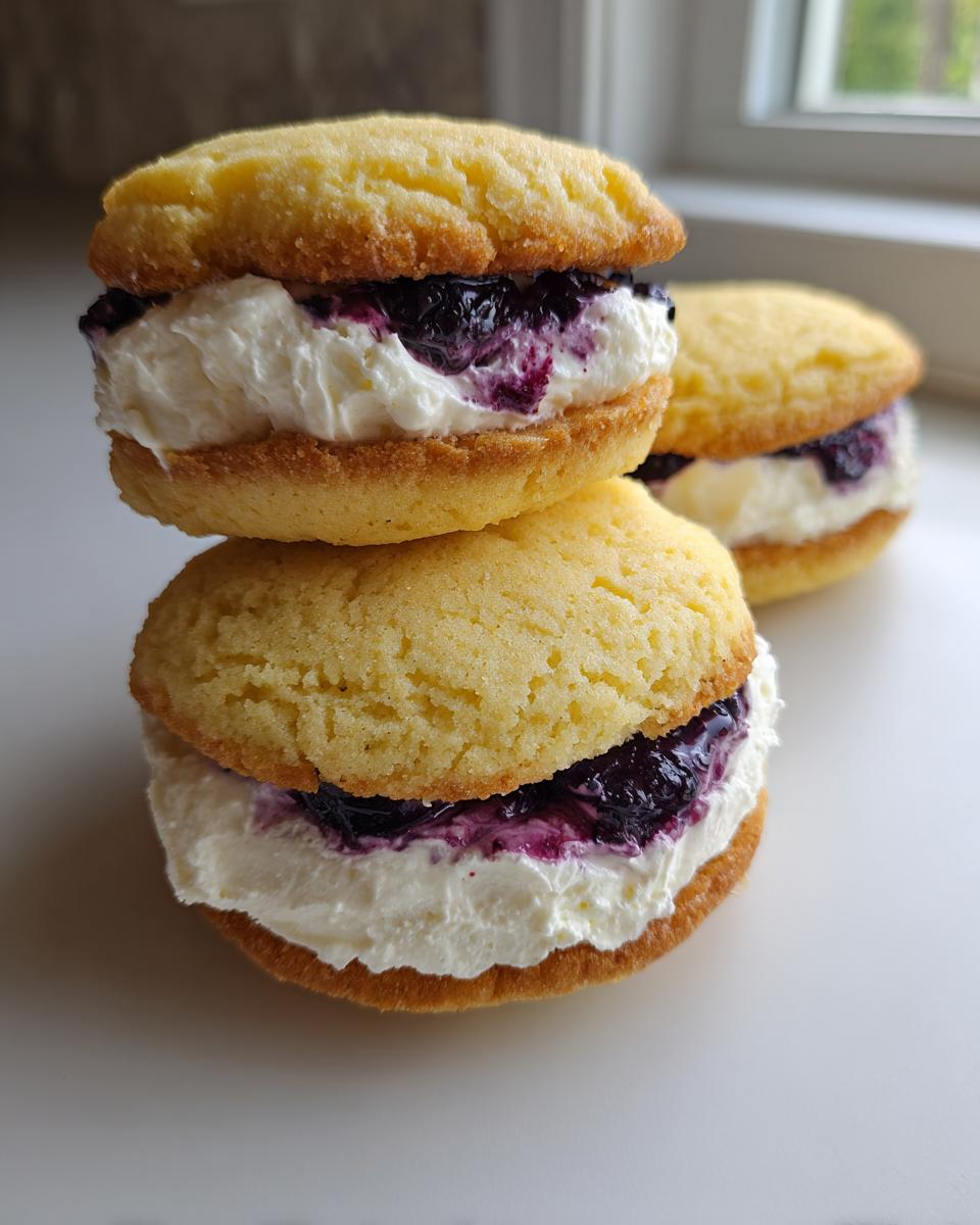 A stack of two delicious Lemon blueberry whoopie pies filled with white cream and blueberry jam, with a third one blurred in the background.