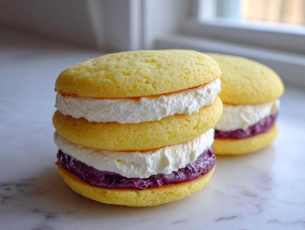 Close-up of stacked lemon blueberry whoopie pies featuring yellow cakes, white cream, and purple blueberry filling.