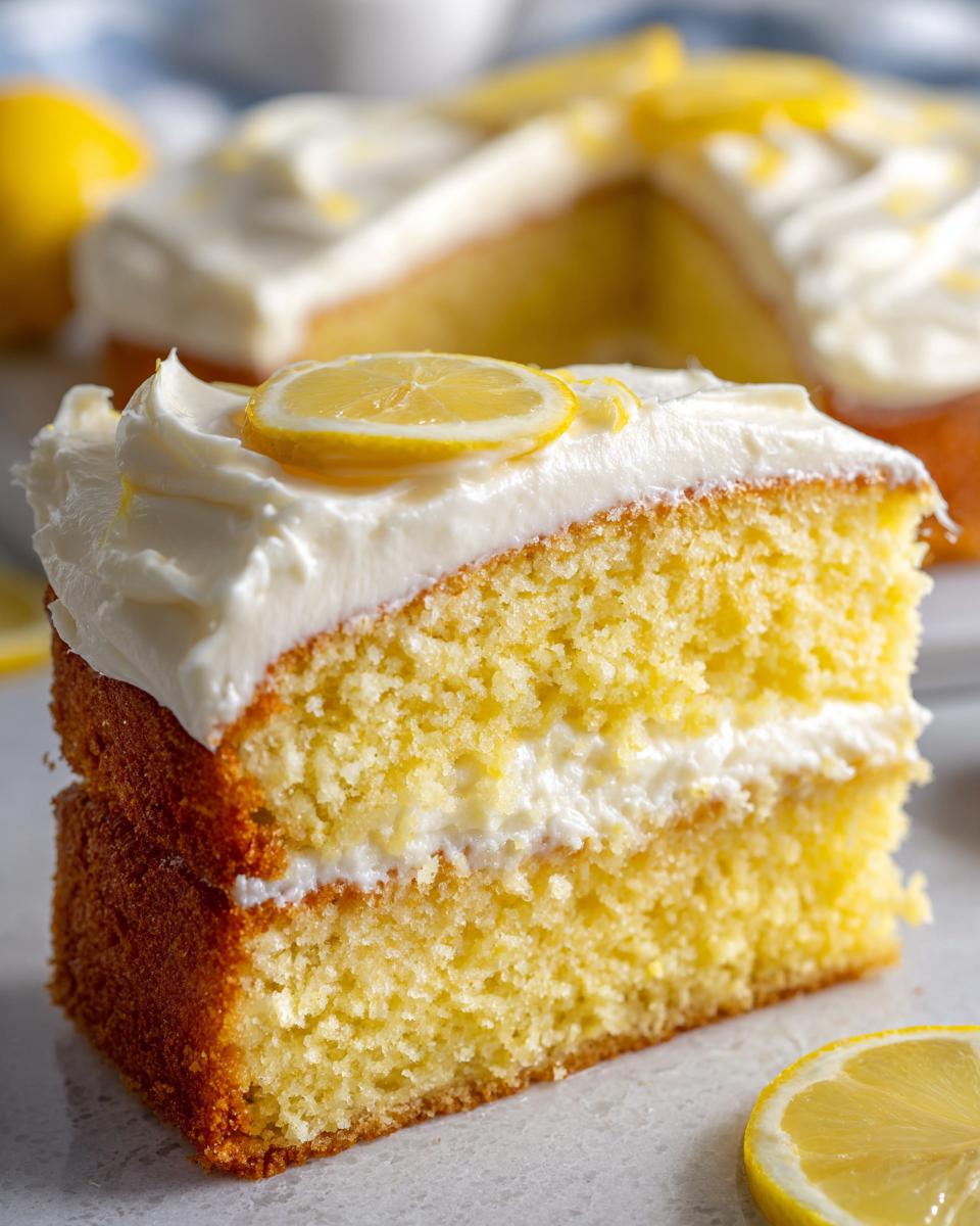 Close-up of a moist slice of lemon cake with cream cheese frosting and a lemon slice garnish.