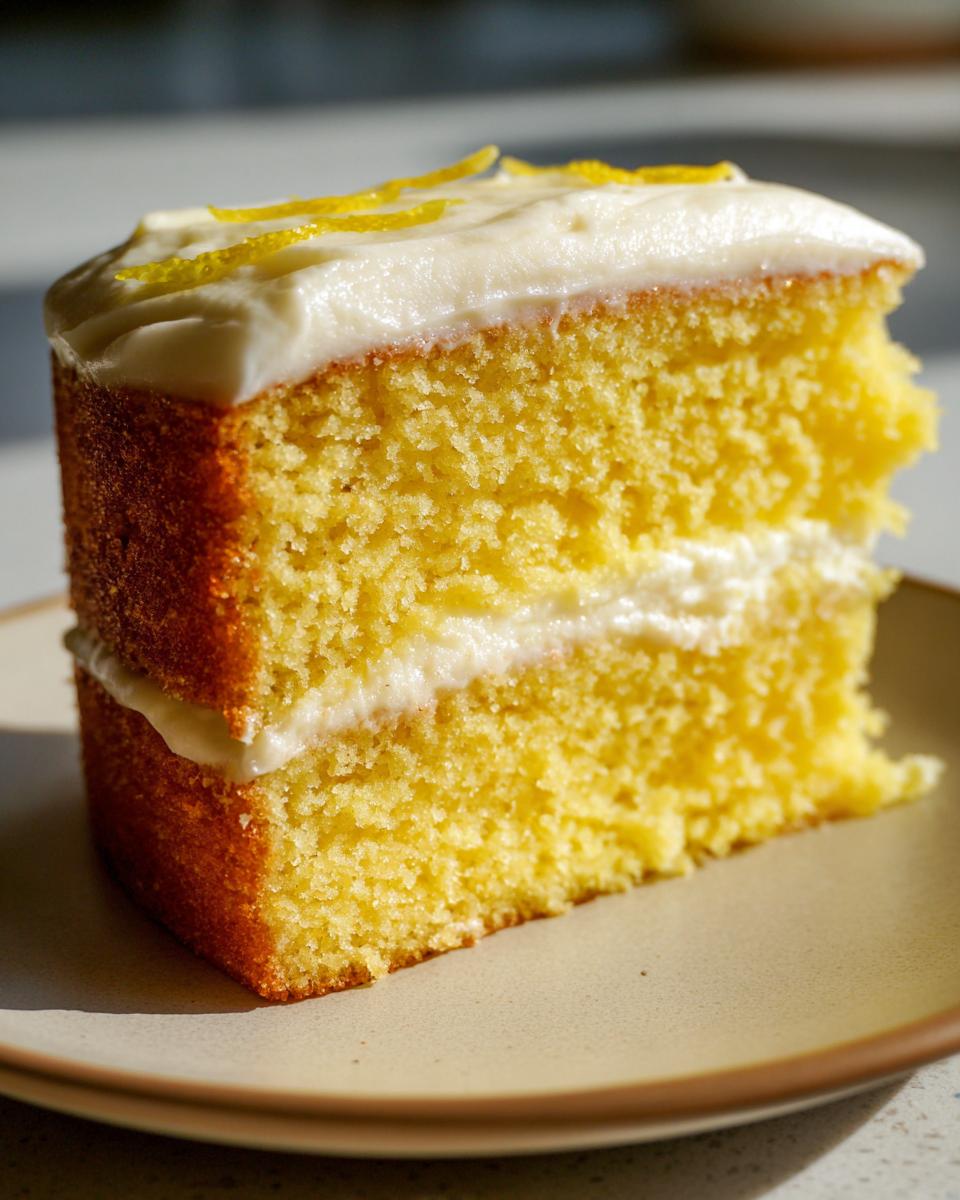 Close-up of a moist slice of yellow lemon cake with cream cheese frosting layers, topped with lemon zest.