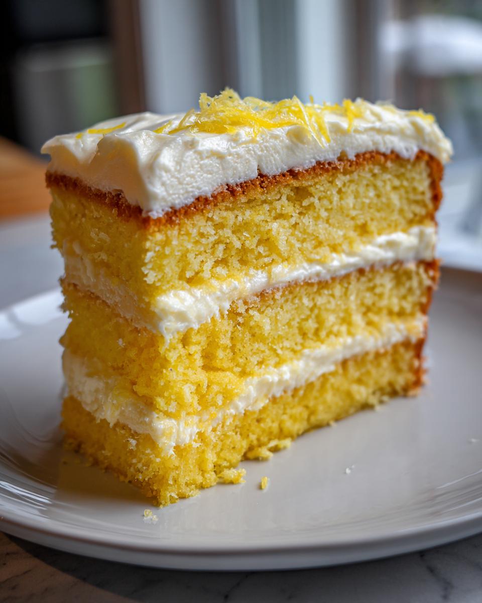 Close-up of a moist slice of lemon cake with cream cheese frosting layers, topped with lemon zest.