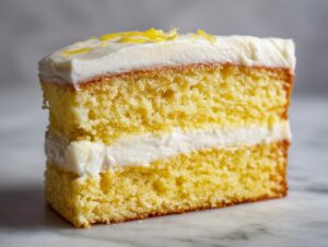 Close-up of a moist slice of lemon cake with cream cheese frosting layers, topped with lemon zest.