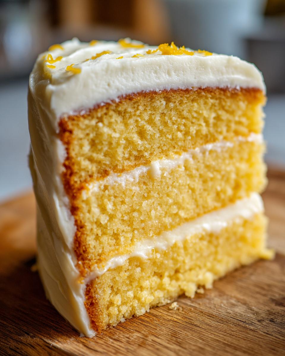 Close-up of a moist slice of three-layer lemon cake with thick cream cheese frosting and lemon zest.
