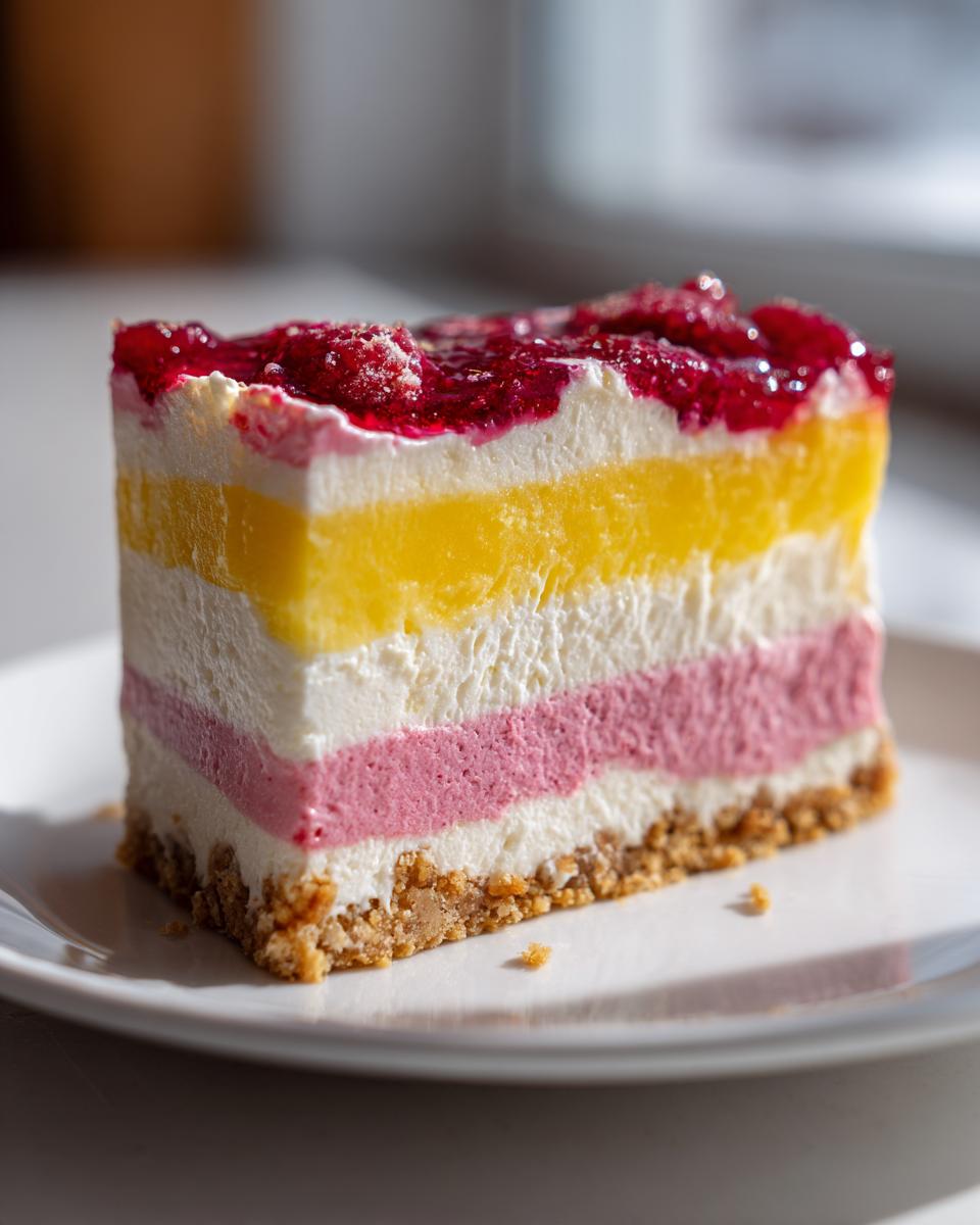 A perfect slice of layered Lemon Raspberry Cheesecake featuring a graham cracker crust, pink and white layers, yellow lemon layer, and raspberry topping.