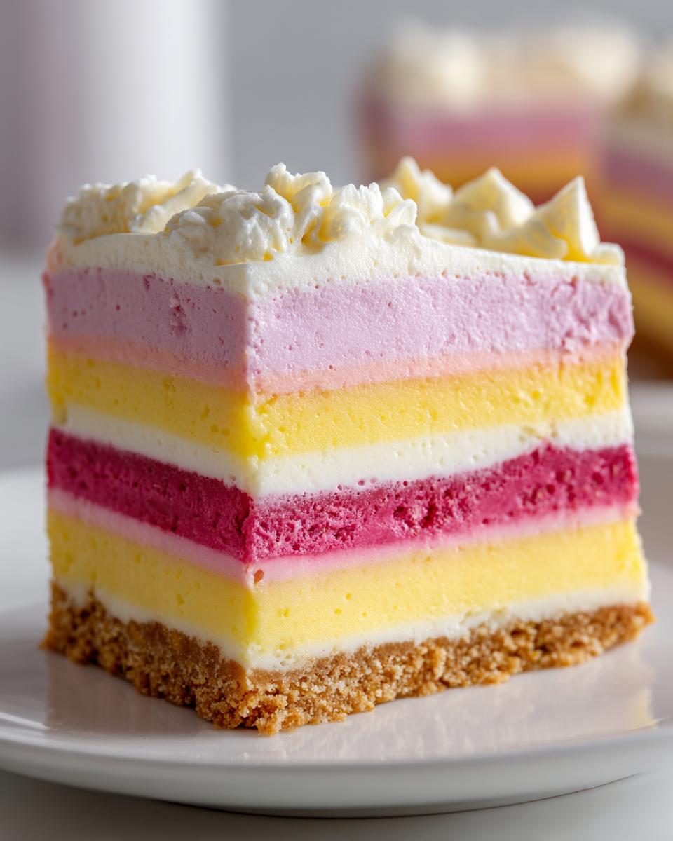 Close-up of a stunning slice of lemon raspberry cheesecake showing distinct yellow, pink, and white layers on a graham cracker crust.