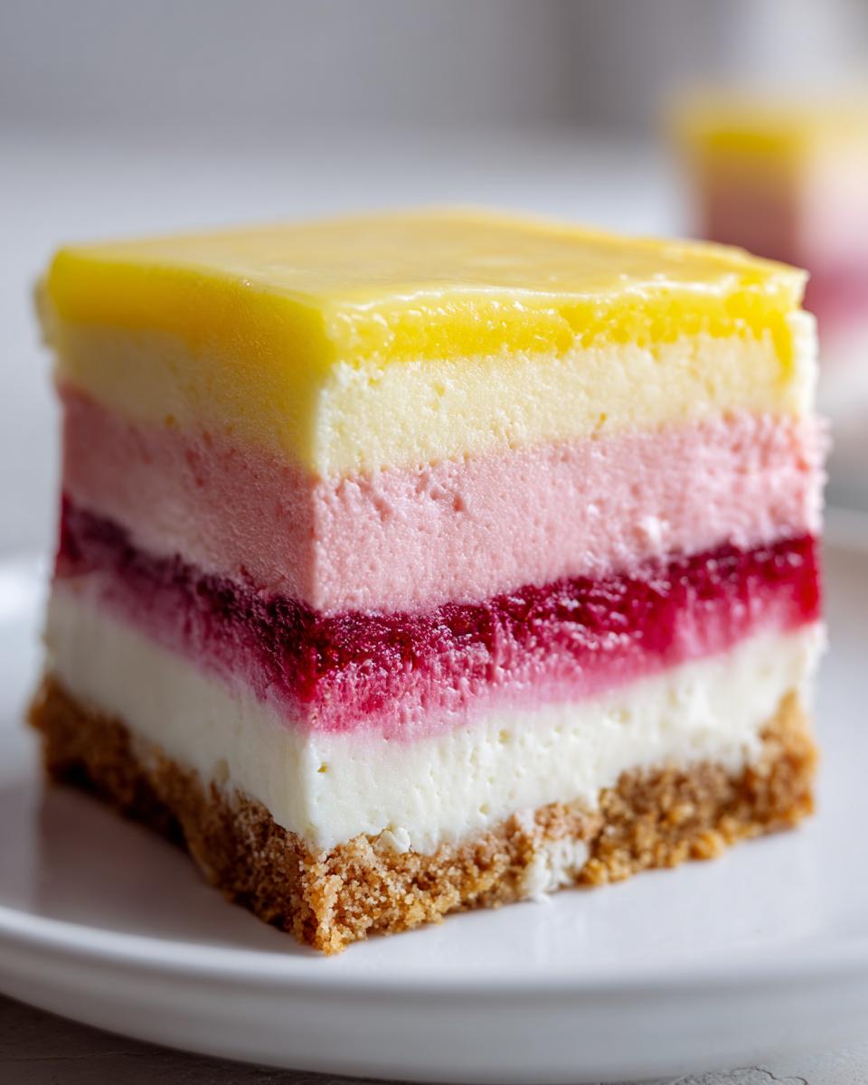Close-up of a square slice of layered Lemon Raspberry Cheesecake showing crust, white layer, raspberry, pink mousse, and lemon topping.