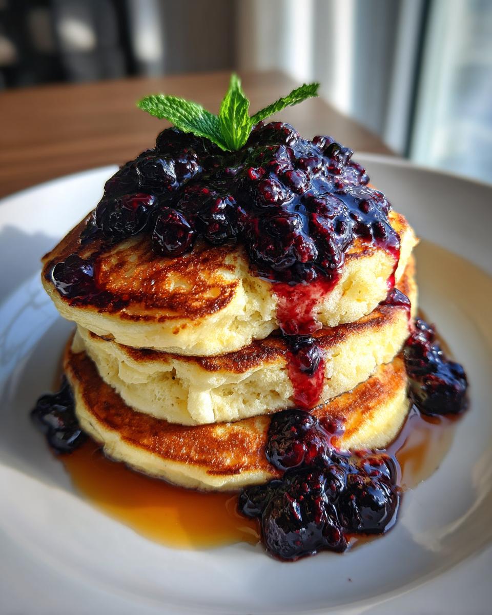 A tall stack of fluffy Lemon ricotta pancakes topped with dark berry compote and a mint sprig.