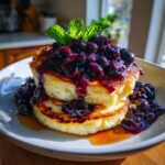 Stack of two fluffy Lemon ricotta pancakes topped generously with warm blueberry compote and a mint sprig.