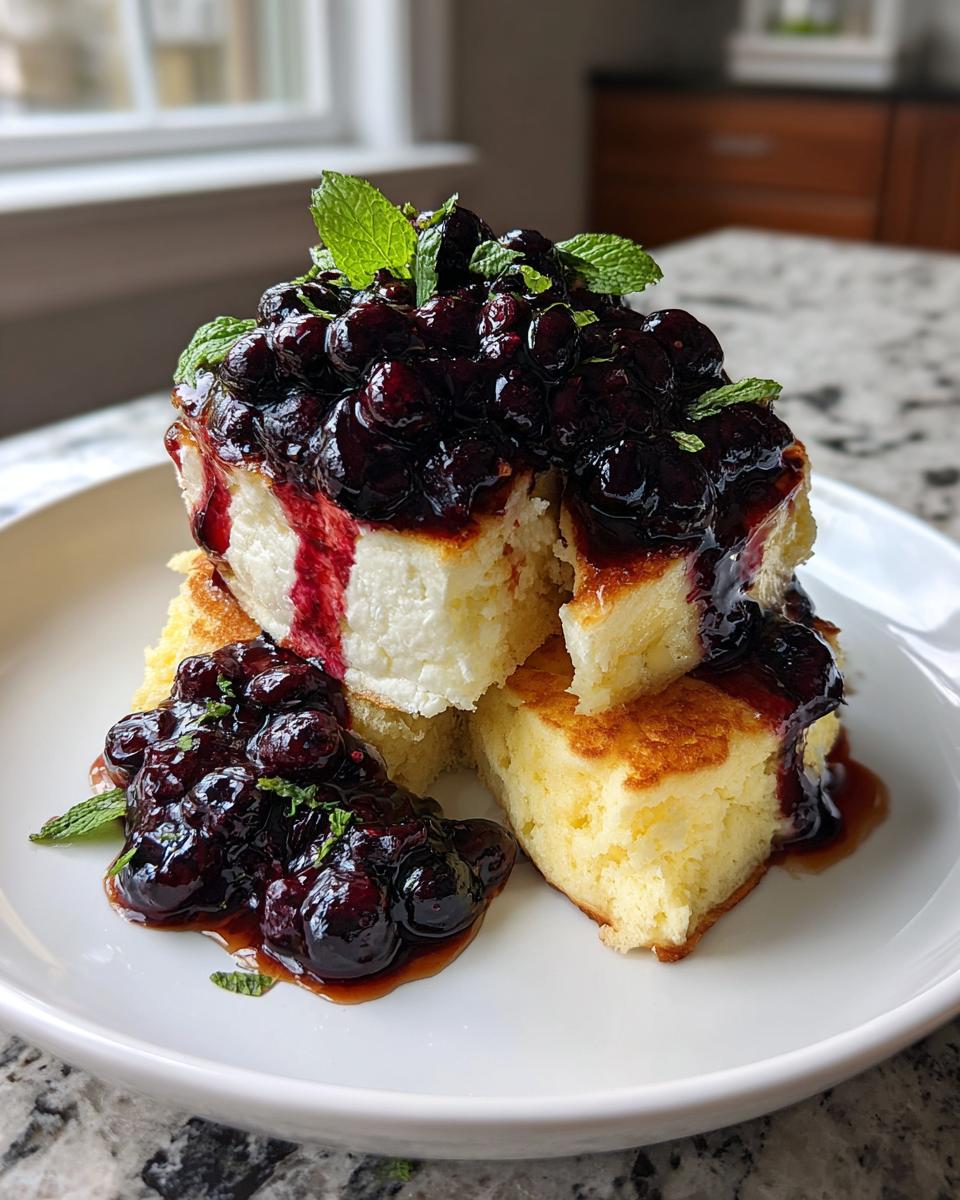 Stack of thick Lemon ricotta pancakes topped generously with dark blueberry compote and fresh mint.