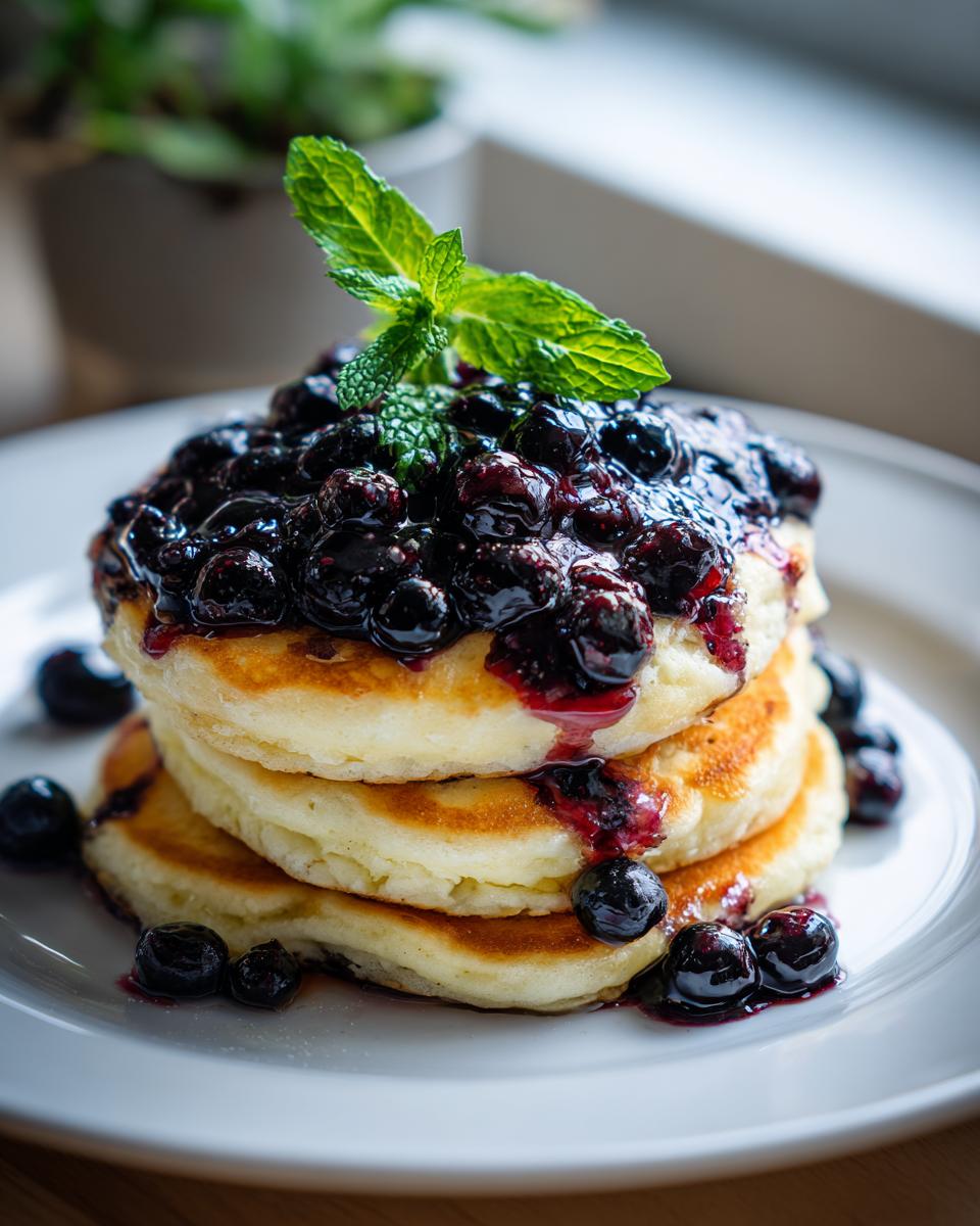 A tall stack of fluffy Lemon ricotta pancakes topped with dark blueberry compote and a mint sprig.