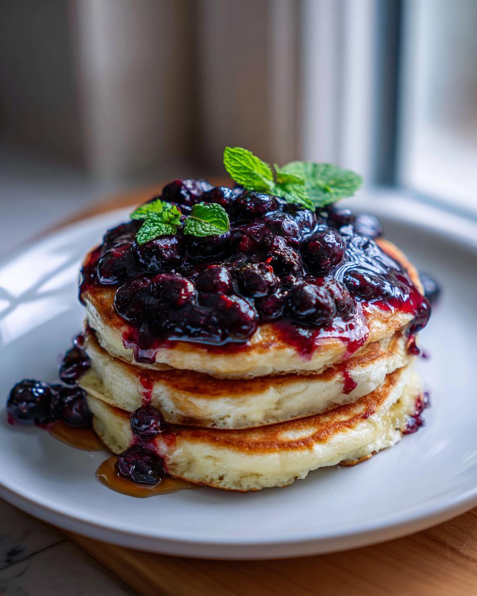 A tall stack of fluffy Lemon ricotta pancakes topped generously with dark blueberry compote and fresh mint leaves.