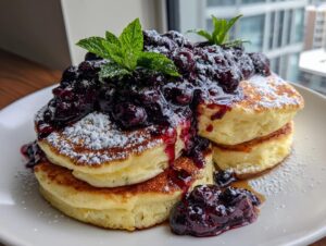 Stack of fluffy Lemon ricotta pancakes topped generously with warm blueberry compote, powdered sugar, and fresh mint.