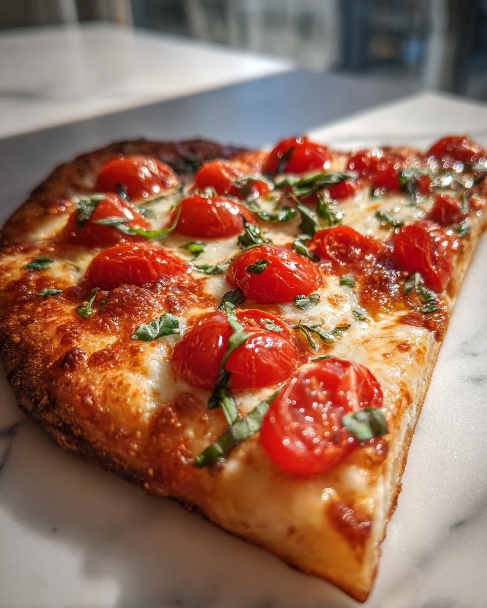 A close-up, angled shot of a slice of Margherita flatbread topped with melted mozzarella, bright red cherry tomatoes, and fresh basil.