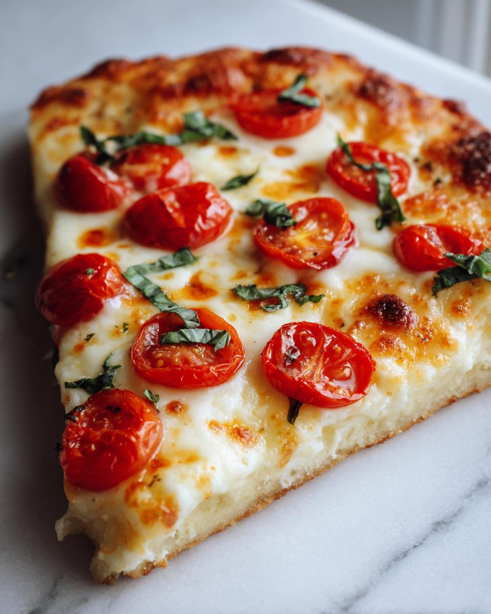 Close-up of a thick slice of Margherita flatbread topped with melted mozzarella, roasted cherry tomatoes, and fresh basil.