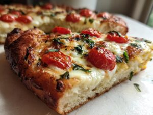 A close-up, cross-section view of a thick slice of Margherita flatbread topped with melted mozzarella, roasted cherry tomatoes, and fresh basil.
