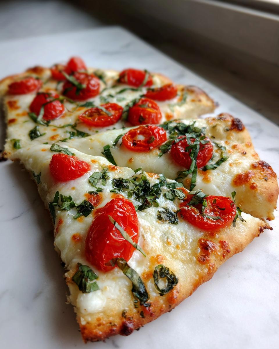 Slices of freshly baked Margherita flatbread topped with melted mozzarella, bright red cherry tomatoes, and fresh basil.