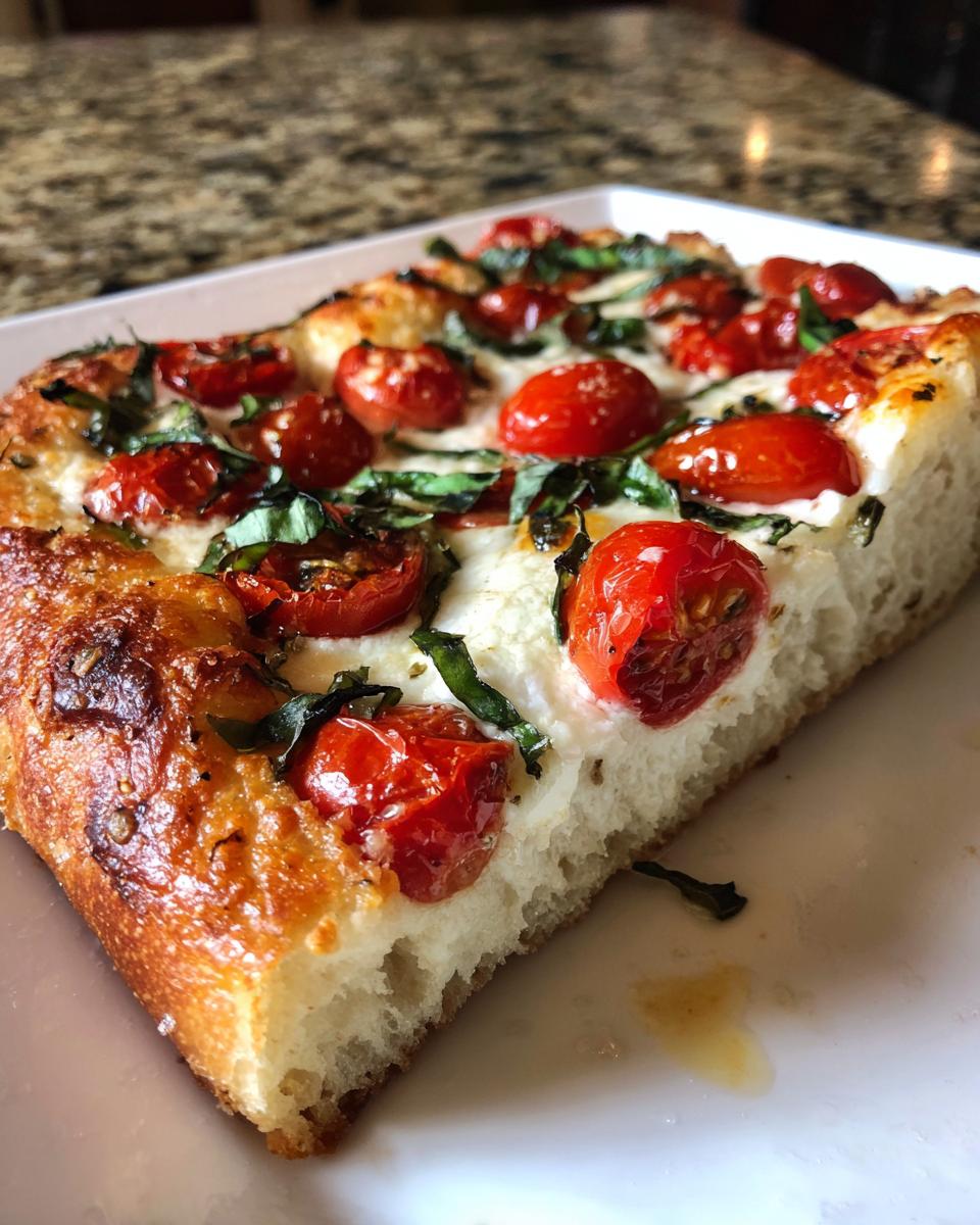 Close-up of a thick slice of Margherita flatbread showing fluffy crust, melted mozzarella, roasted cherry tomatoes, and fresh basil.