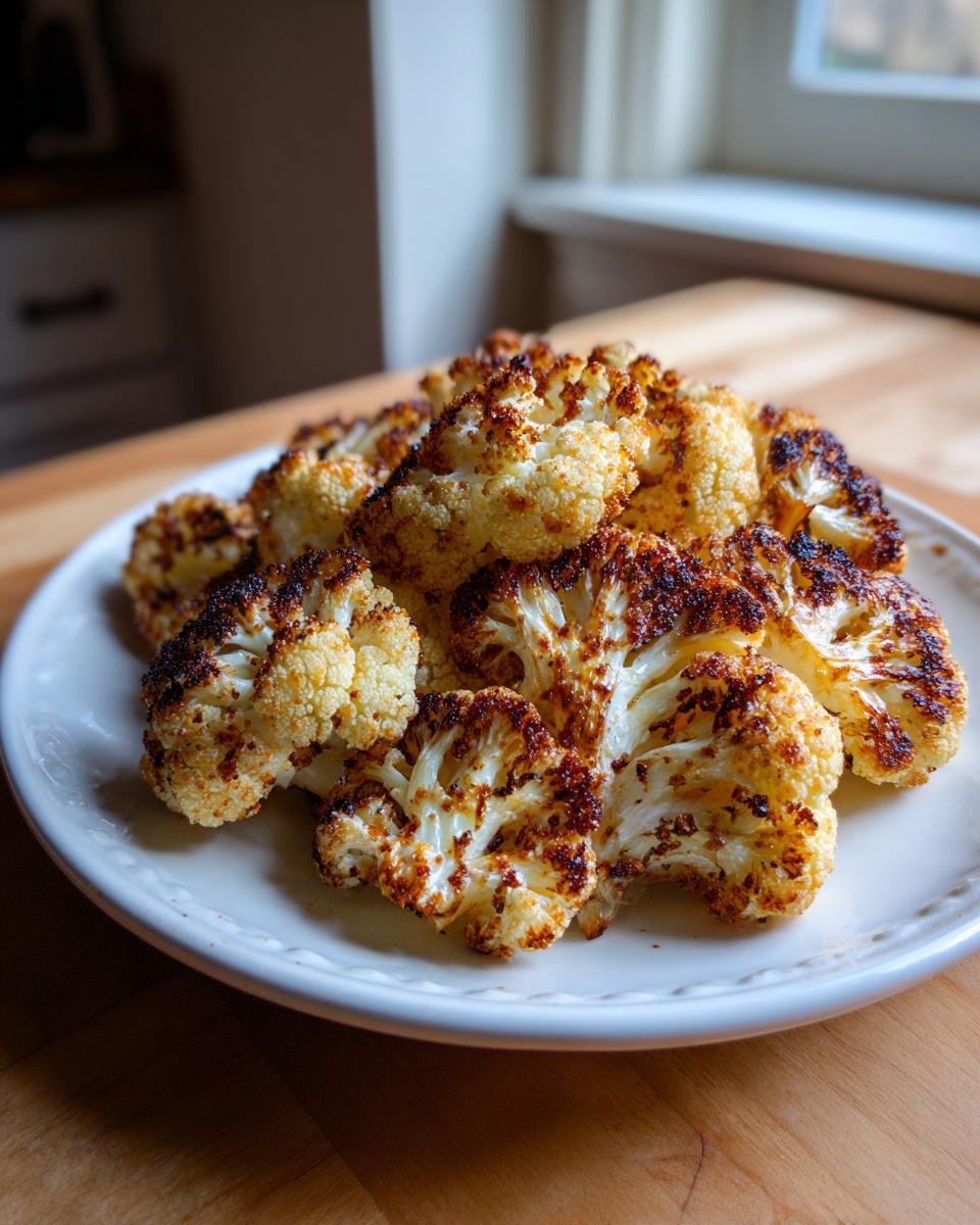 A white plate piled high with perfectly roasted cauliflower florets showing deep caramelization and browning.
