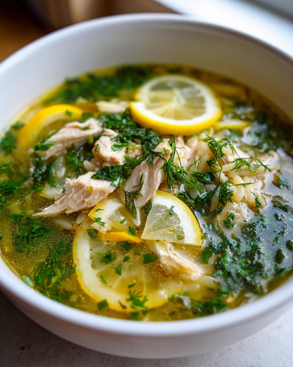 Close-up of a white bowl filled with Mediterranean lemon chicken soup, featuring shredded chicken, rice, and lemon slices.