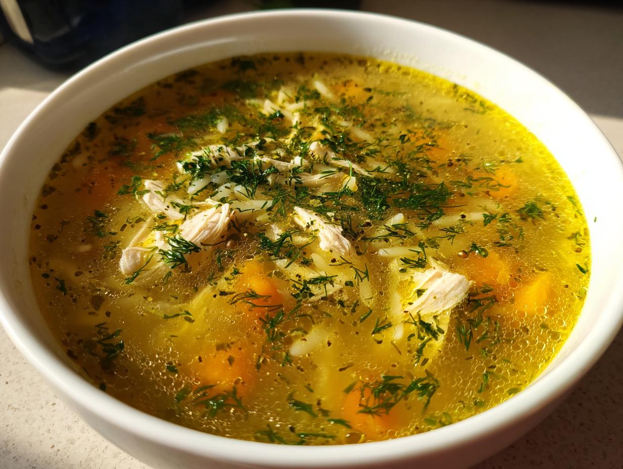 Close-up of a white bowl filled with bright yellow Mediterranean lemon chicken soup, featuring shredded chicken, carrots, rice, and fresh dill.