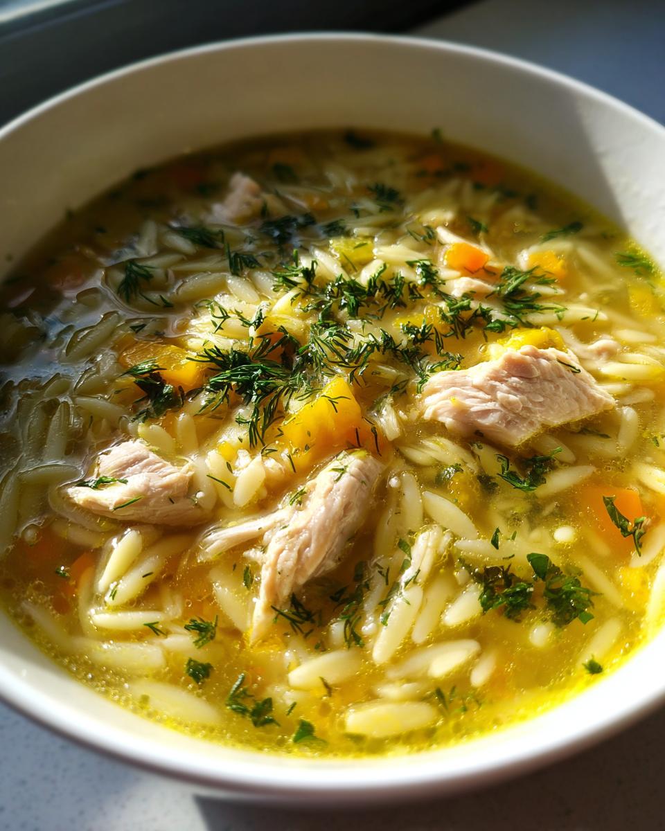 Close-up of a bowl of vibrant Mediterranean lemon chicken soup featuring shredded chicken, orzo pasta, and fresh dill.