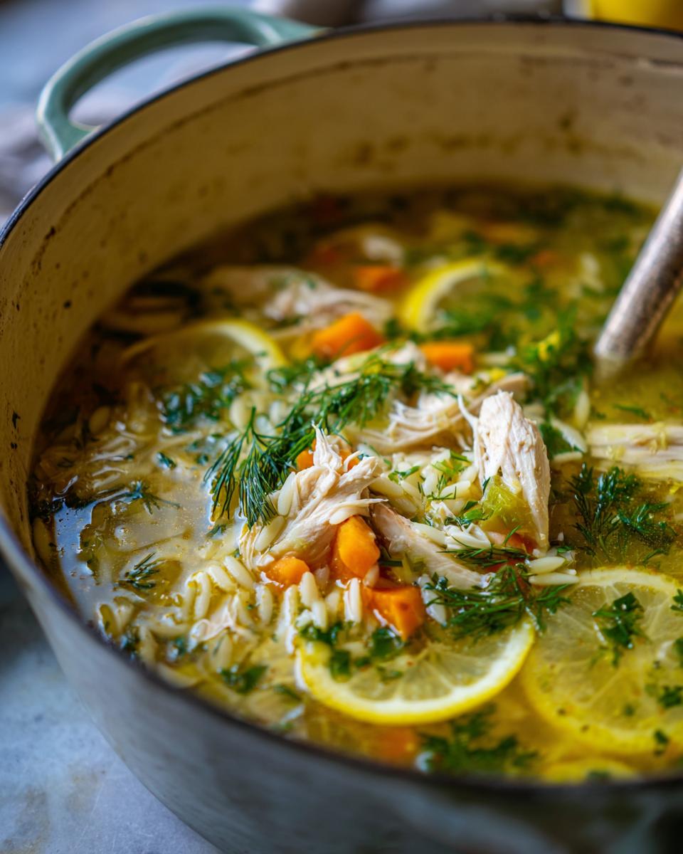 Close-up of rich Mediterranean lemon chicken soup with shredded chicken, orzo, carrots, and fresh dill in a dutch oven.