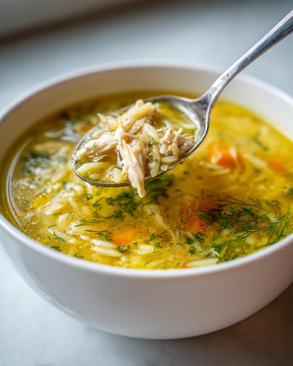 A spoonful of shredded chicken and orzo noodles lifted from a bowl of bright Mediterranean lemon chicken soup.