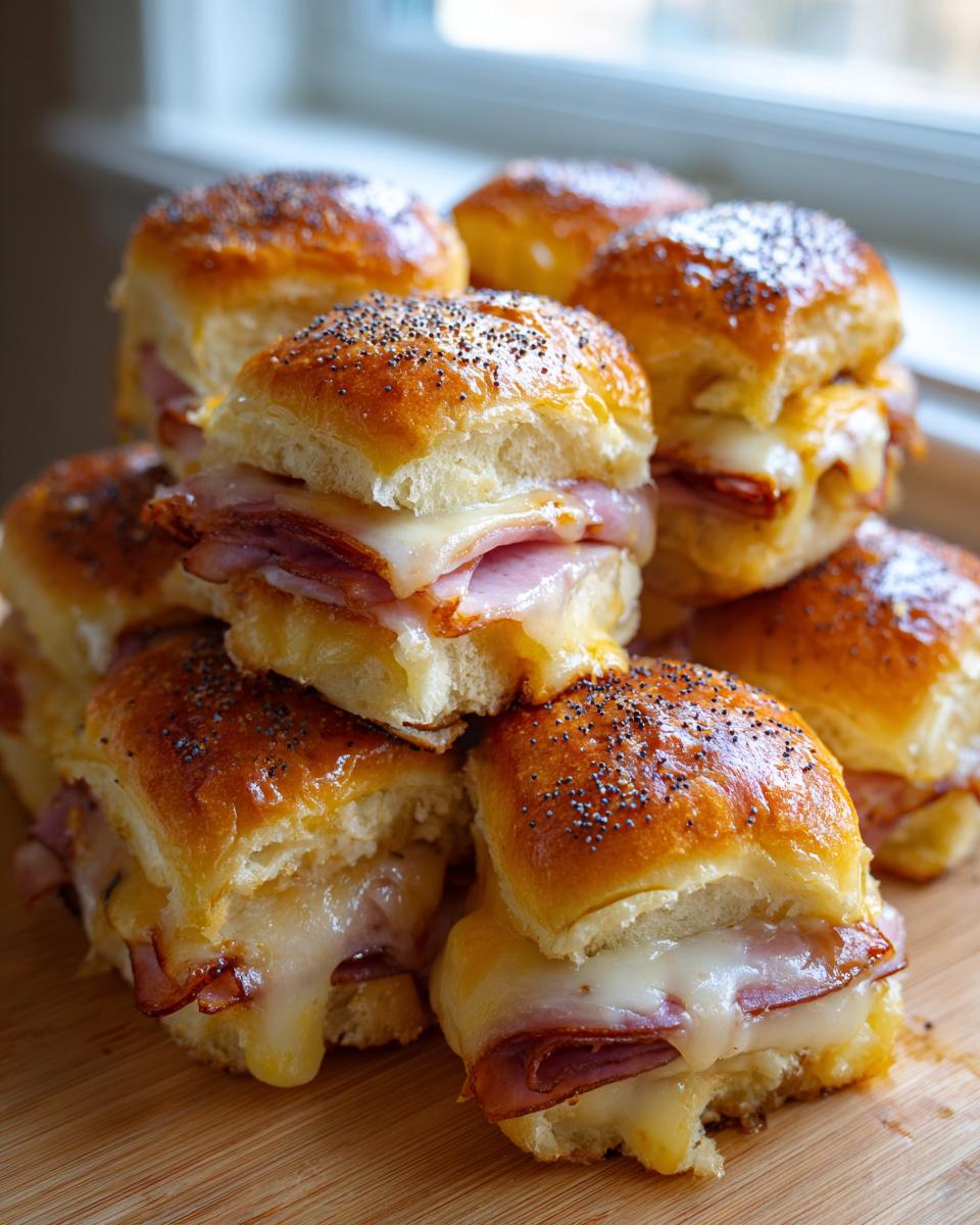 A stack of warm Hawaiian roll sliders filled with ham and gooey melted cheese, topped with poppy seeds.