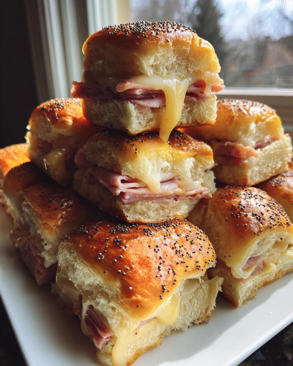 A stack of warm Hawaiian roll sliders filled with ham and gooey melted cheese, topped with poppy seeds.