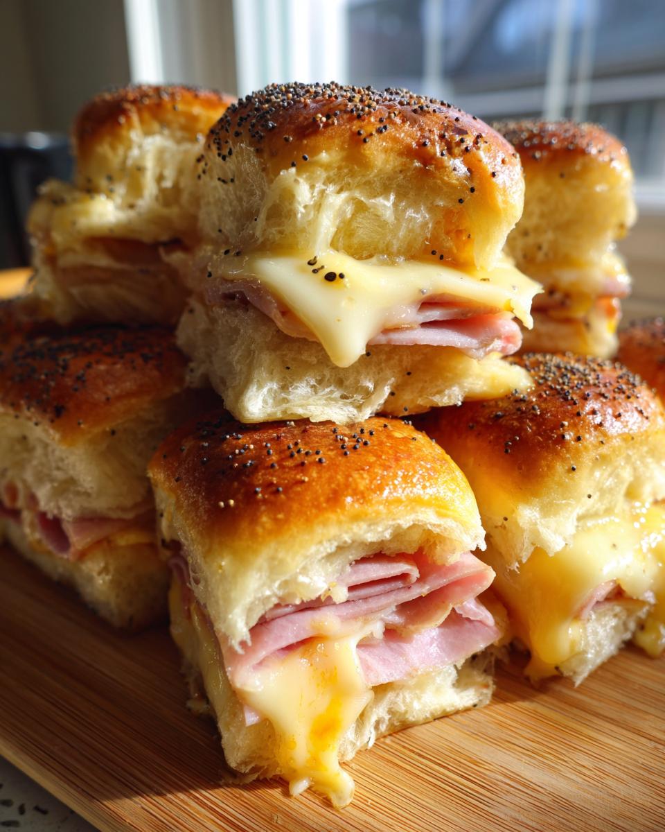 A stack of warm Hawaiian roll sliders filled with ham and gooey melted cheese, topped with poppy seeds.