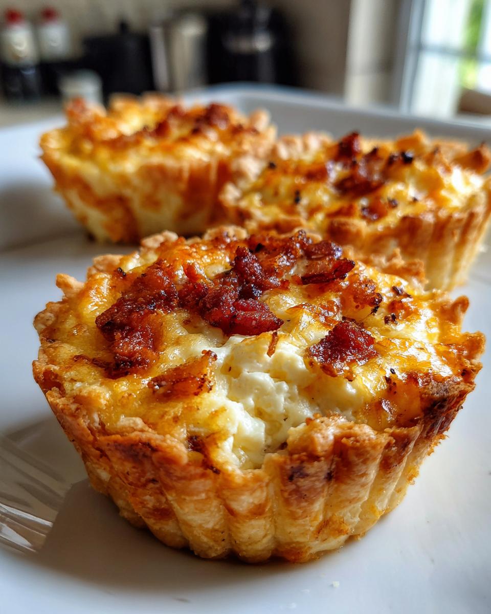Close-up of three freshly baked Mini quiche lorraine tarts with flaky crusts and crispy bacon topping.