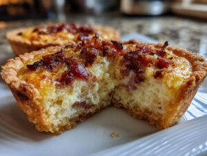 A close-up view of a Mini quiche lorraine with a bite taken out, showing the creamy filling and crispy bacon topping.