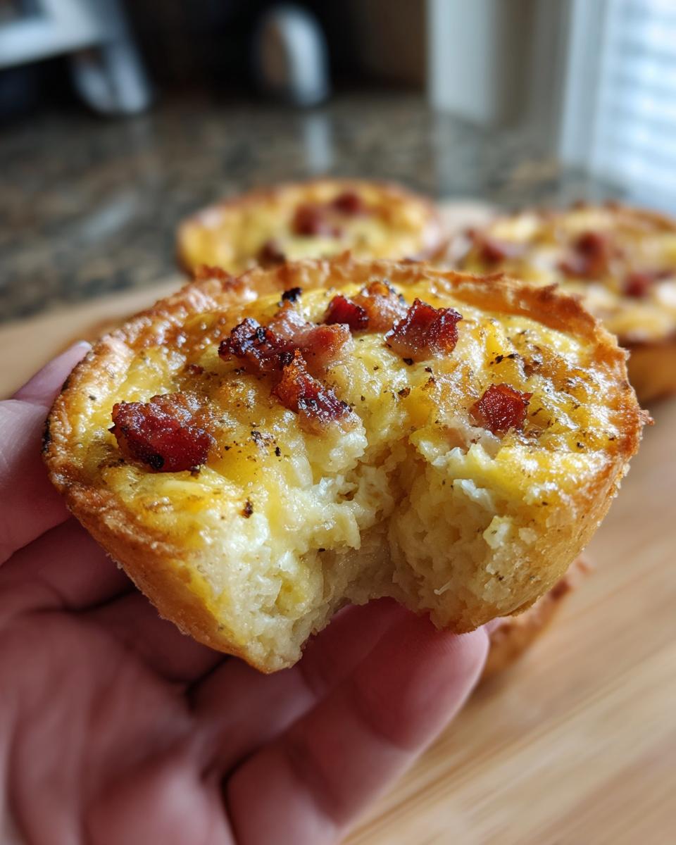 A hand holding a Mini quiche lorraine with a bite taken out, showing the fluffy egg filling and bacon topping.