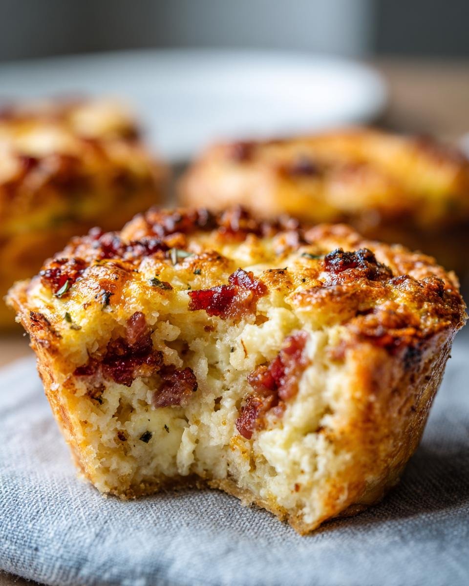 Close-up of a Mini quiche lorraine with a bite taken out, revealing a creamy, cheesy interior with bacon pieces.