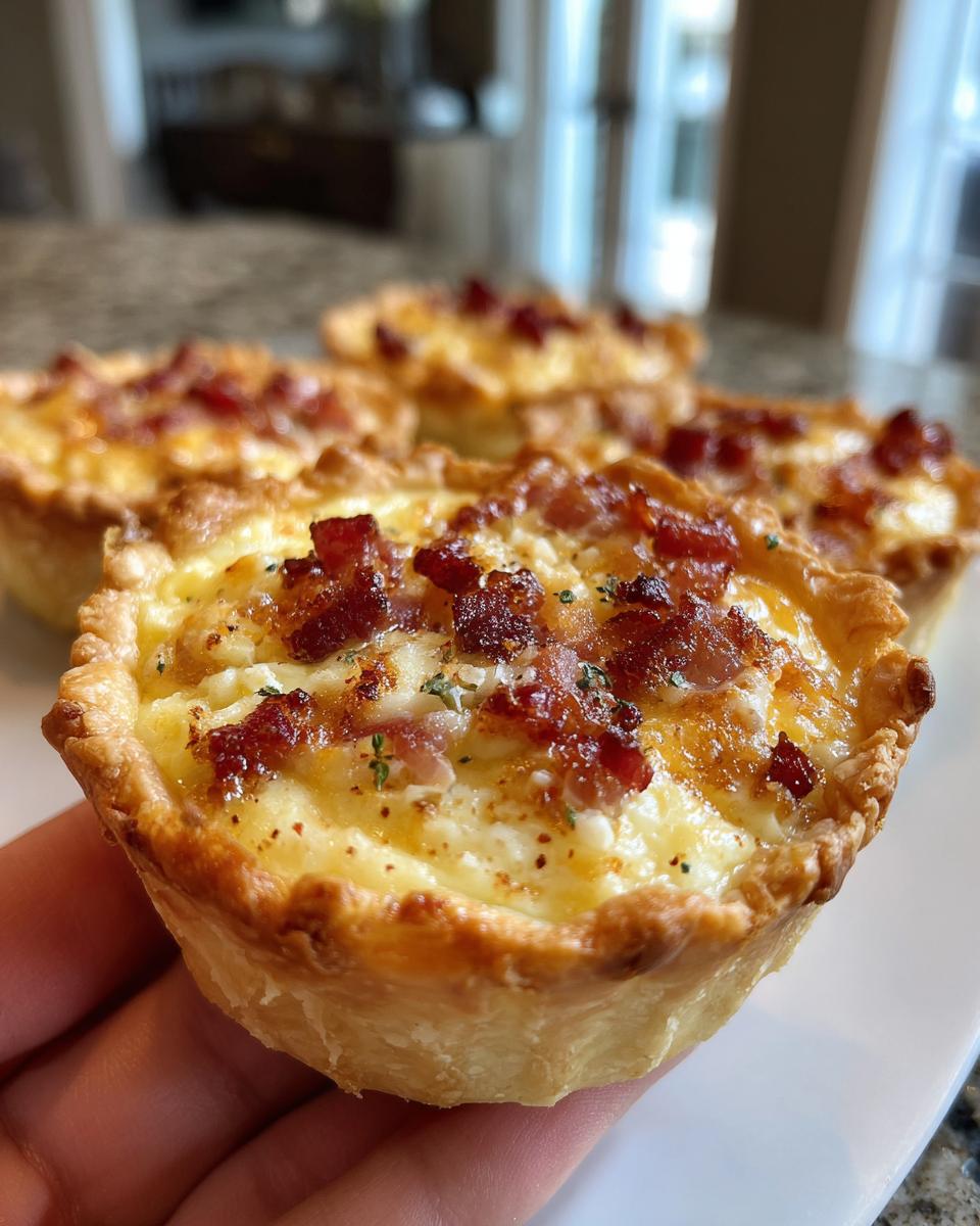 A hand holding one perfectly baked Mini quiche lorraine, topped with crispy bacon bits and herbs.