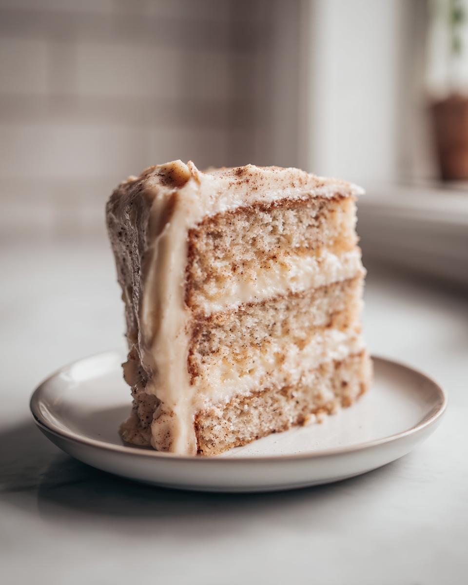 A tall, moist slice of Snickerdoodle cake with three layers and creamy frosting, dusted with cinnamon.