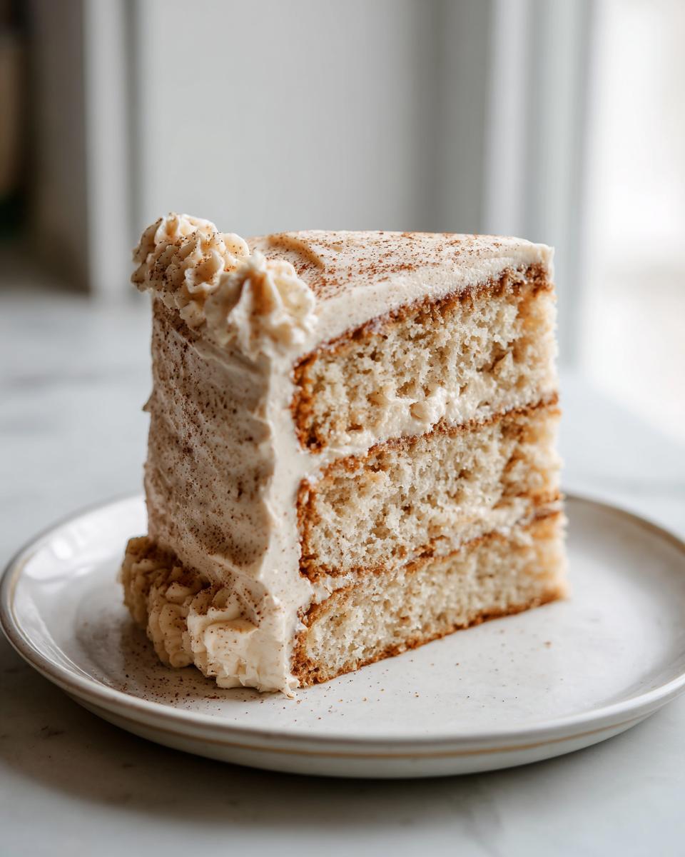 A tall, moist slice of three-layer Snickerdoodle cake with cinnamon swirl layers and cream cheese frosting, dusted with cinnamon.