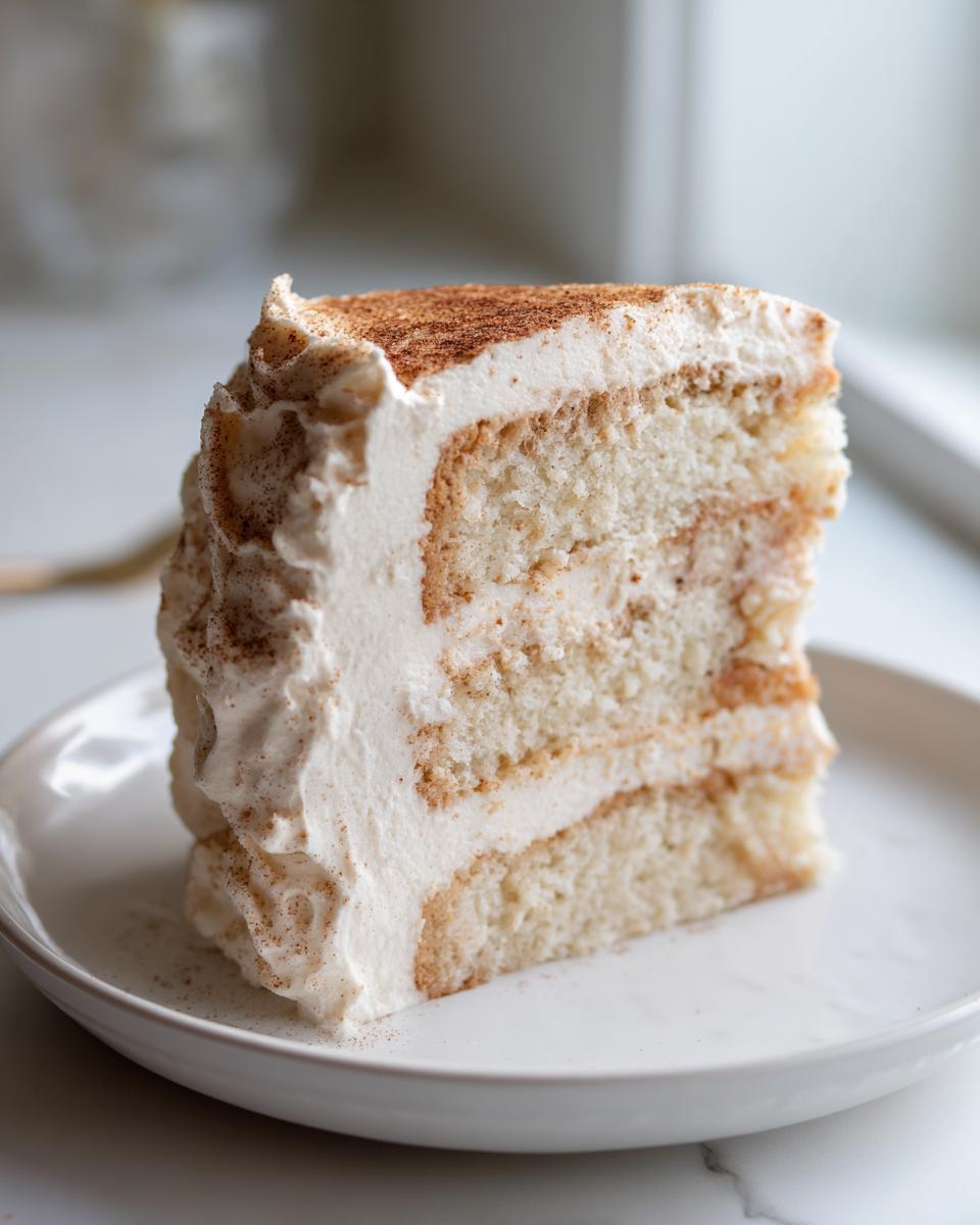A tall, moist slice of Snickerdoodle cake layered with cinnamon filling and covered in thick cream cheese frosting, dusted with cinnamon.