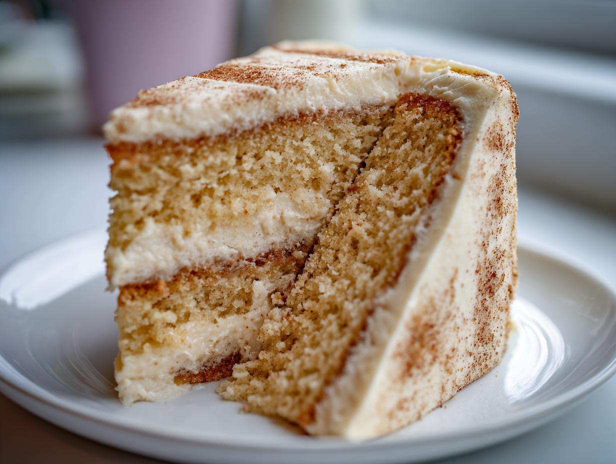 A close-up of a moist slice of Snickerdoodle cake with cream cheese frosting and cinnamon dusting.