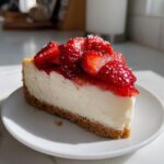 A perfect slice of No bake strawberry cheesecake topped with glistening, sugared strawberries on a white plate.