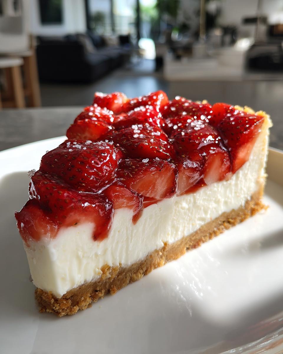 A perfect slice of No bake strawberry cheesecake showing a thick graham cracker crust, creamy filling, and glossy strawberry topping.