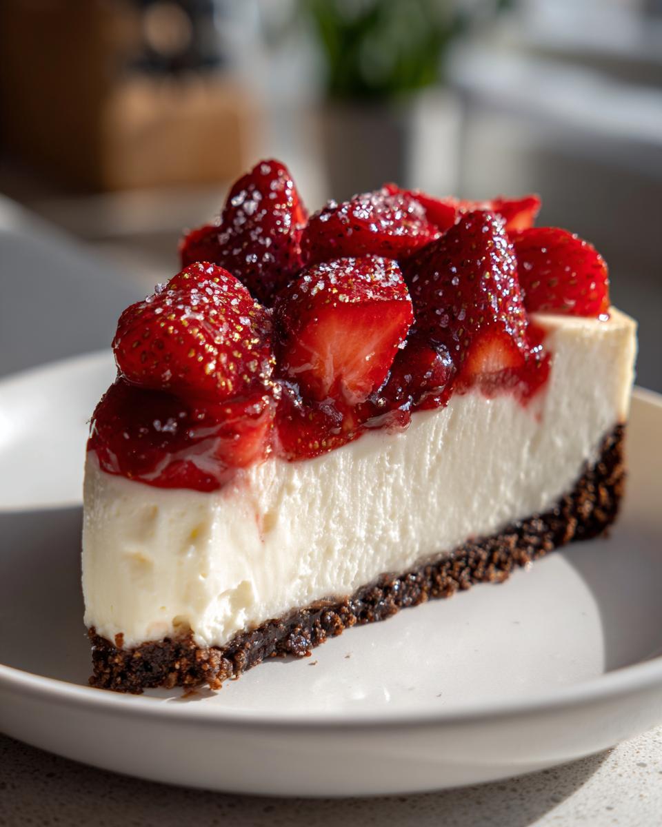 A perfect slice of No bake strawberry cheesecake featuring a thick cream layer, dark crust, and fresh strawberries topped with sparkling sugar.