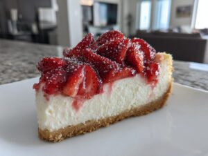 A perfect slice of no bake strawberry cheesecake featuring a thick graham cracker crust and glossy strawberry topping.
