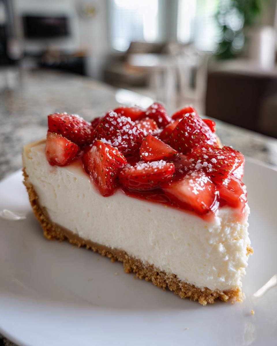 A perfect slice of No bake strawberry cheesecake featuring a thick graham cracker crust and fresh strawberry topping.