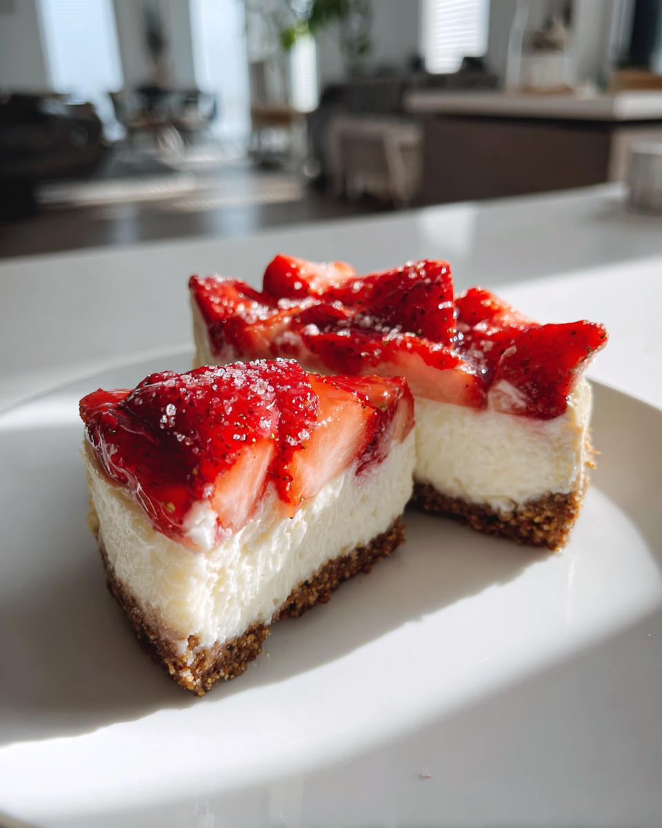 Two slices of creamy No bake strawberry cheesecake topped with glazed strawberries and sugar crystals.