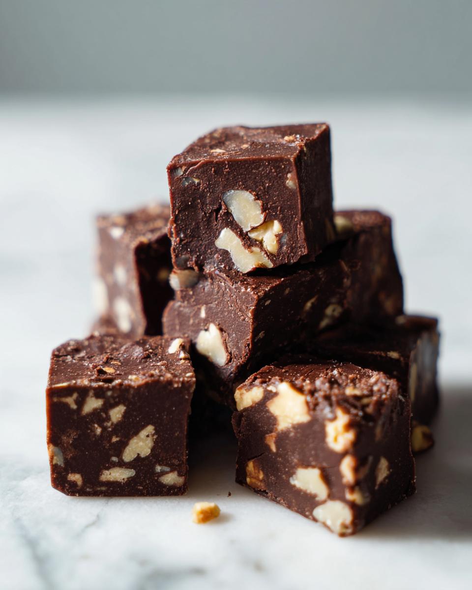 Close-up of a stack of rich, dark Nutty chocolate fudge squares loaded with visible white nut pieces.