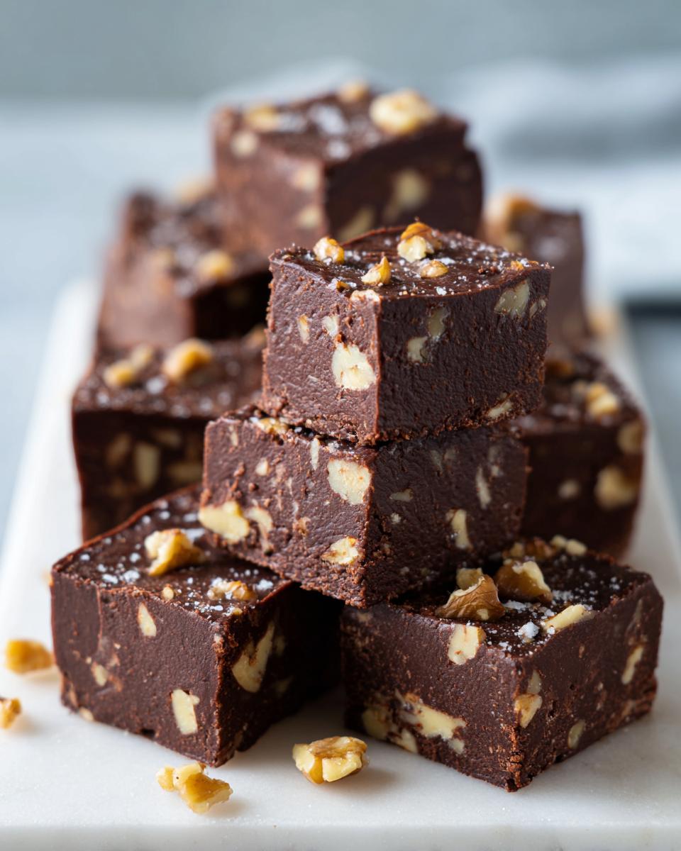 Close-up of stacked squares of rich, dark Nutty chocolate fudge loaded with visible walnut pieces and sprinkled with sea salt.