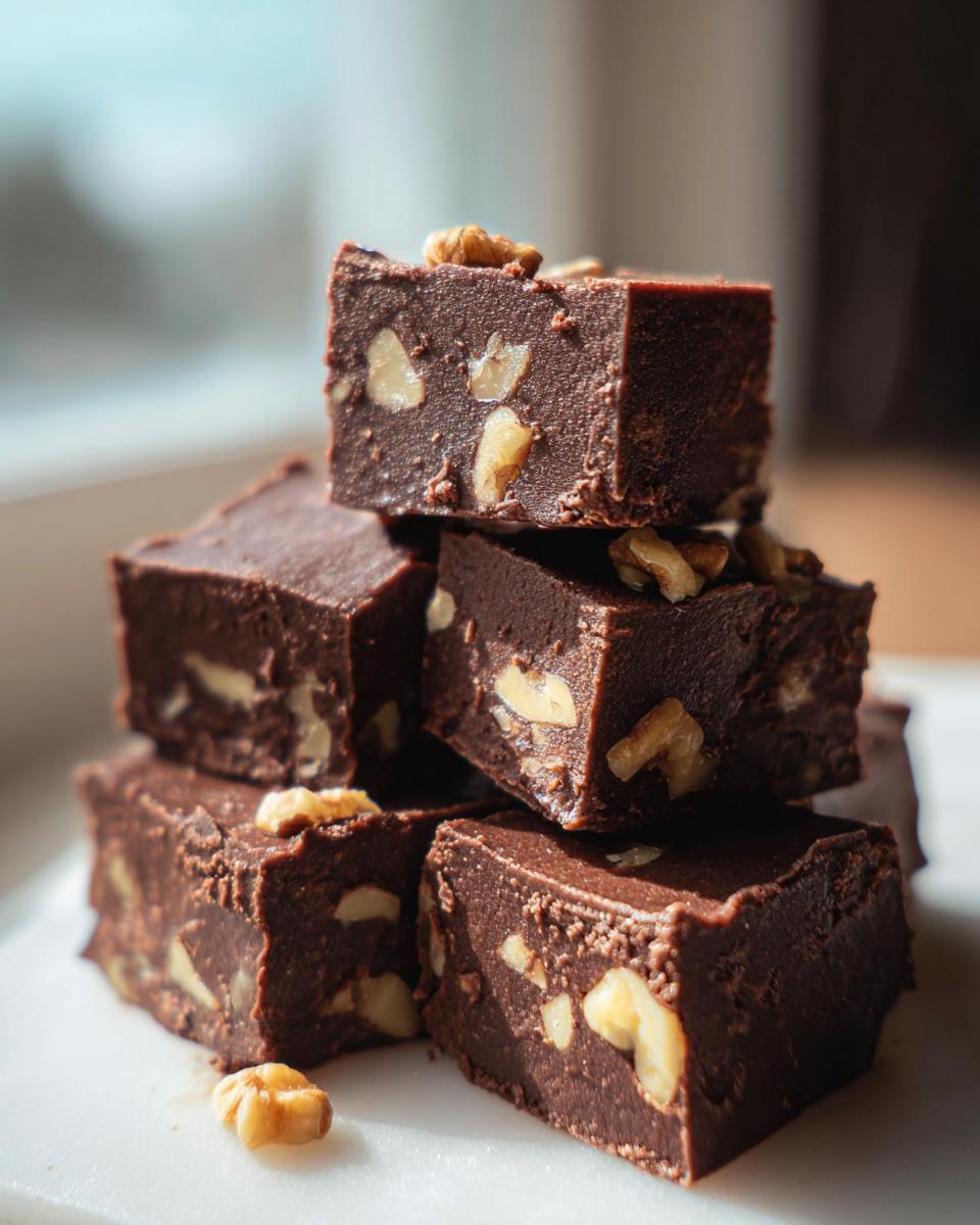 A stack of rich, dark Nutty chocolate fudge squares studded with visible walnut pieces.