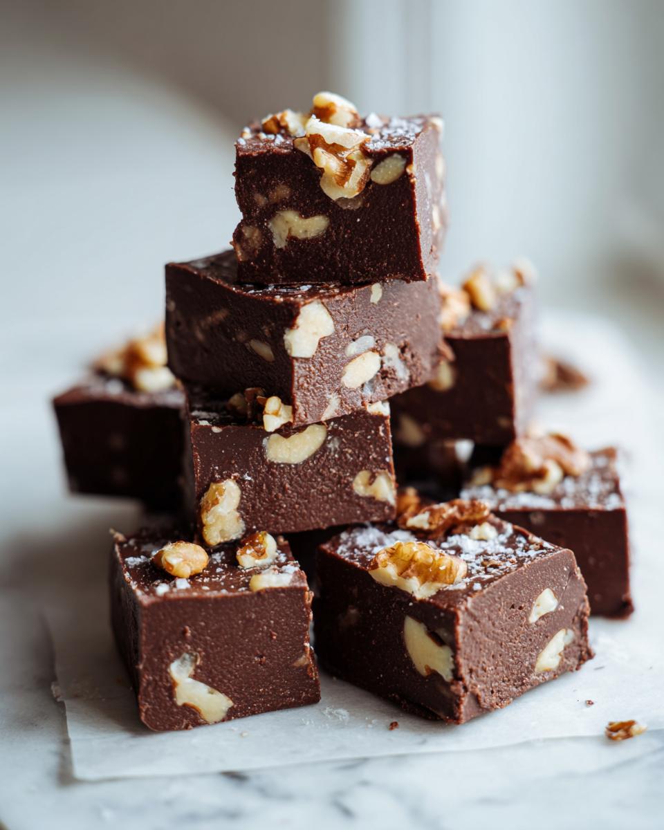 A stack of rich, dark Nutty chocolate fudge squares generously studded with walnuts and sprinkled with sea salt.