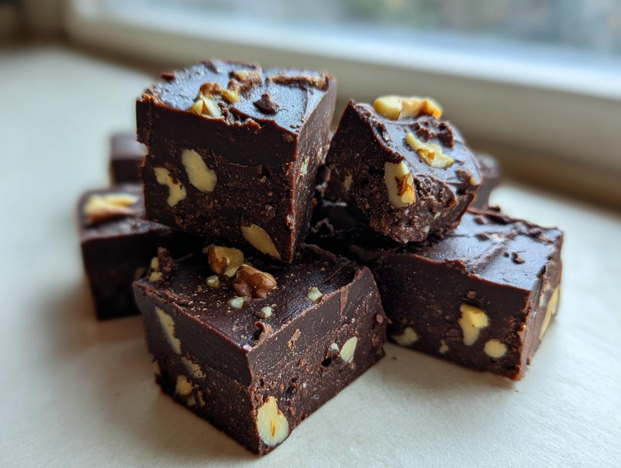 A stack of rich, dark Nutty chocolate fudge squares studded with visible walnut pieces.